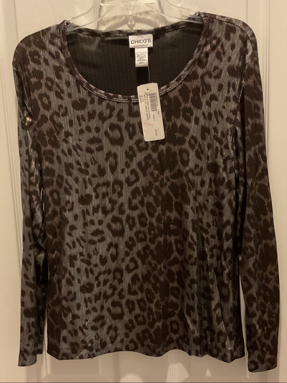 Chico's Brown and Gray Leopard-Print Long Sleeve Scoop Top